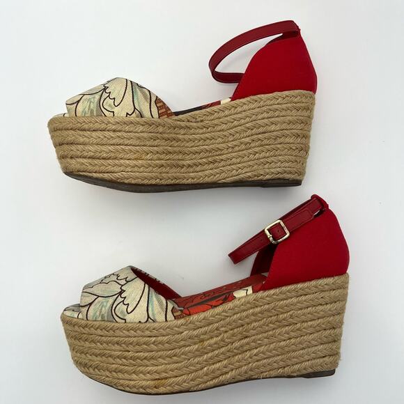 Tory Burch Platform Wedge Espadrilles Sandals Red Floral Open-Toe | Size: 8M - Picture 6 of 13